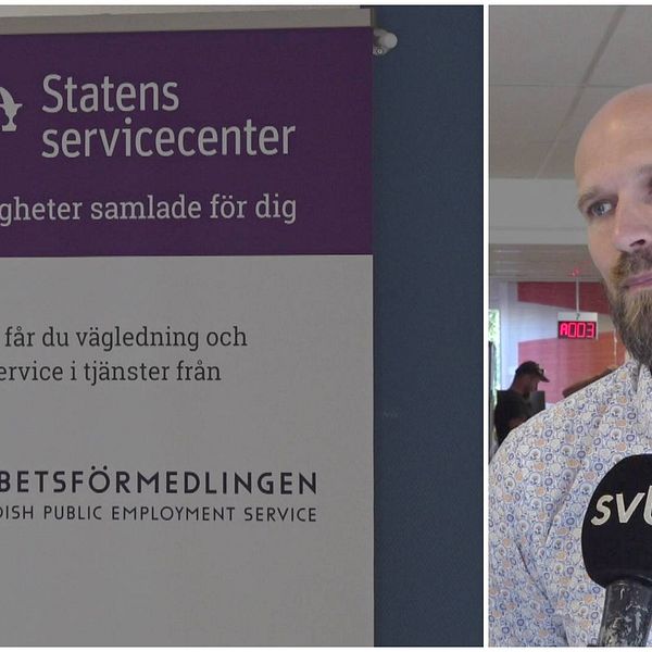Till vänster en skylt ”Statens servicecenter”, arbetsförmedlingen. Till höger en man med skägg och skjorta.