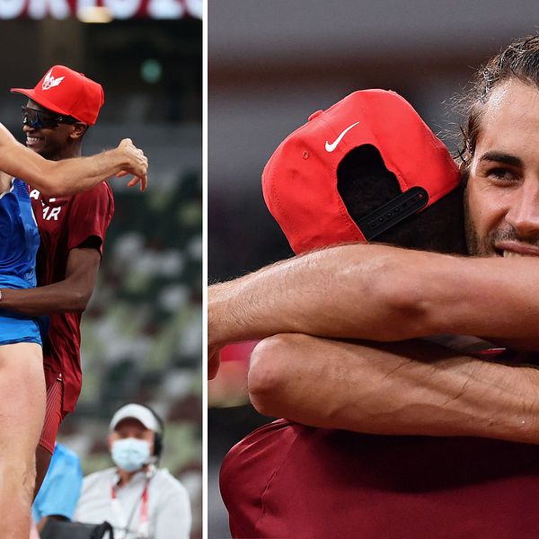 Italienaren Gianmarco Tamberi och Mutaz Essa Barshim från Qatar delade på höjdhoppsguldet.