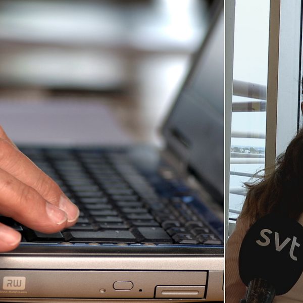 Bilden äri två delar. Den enda bilden är en närbild på händer som skriver på ett tangentbord. Den andra bilden är på Helena Olá. Hon sitter framför ett stort fönster med utsikt över havet.