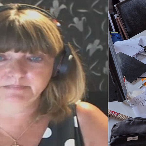 Bilden är i två delar. Den enda är på Helen Magnussonoch den andra är på ett stökigt skrivbord.