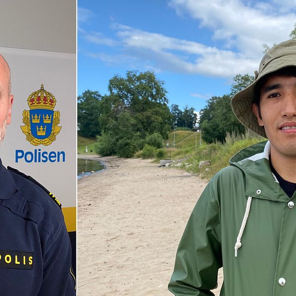 BILD PÅ LOKALPOLISOMRÅDESCHEF KRISTOFFER AXELL. BILD PÅ AMIR FAQIRI, GRUNDARE AV KEEP JKPG CLEAN, SOM STÅR PÅ VÄTTERSTRANDEN I JÖNKÖPING.