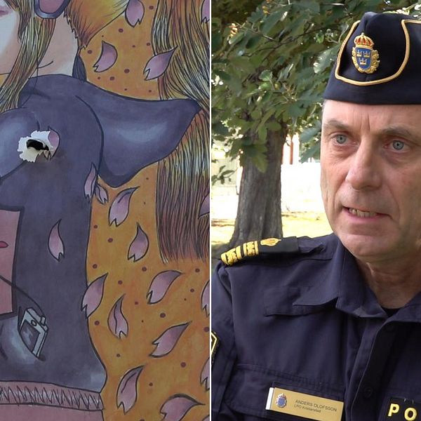 Bilden är ett montage. Till vänster plockar en man ner en skylt med ett skotthål. Till höger lokalpolisområdeschef Anders Olofsson.