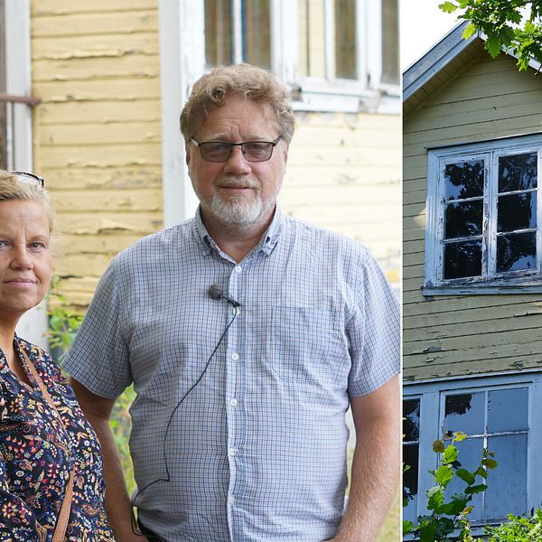 Yvonne och Magnus står bredvid varandra framför ett guld ödehus. De tittar in i kameran. Bilden bredvid föreställer det gula ödehuset.