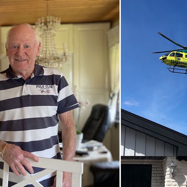 Collage. Rallyprofilen Bror Danielsson står i sitt kök. En helikopter svävar över hans hus.