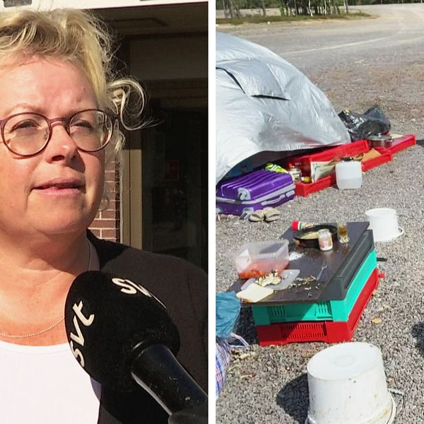 En kvinna med glasögon och blont hår till vänster och en bild på en parkering med flera tält och skräp runt omkring.
