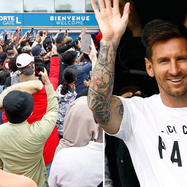 Messi vinkar till fans efter att han landat i Paris.