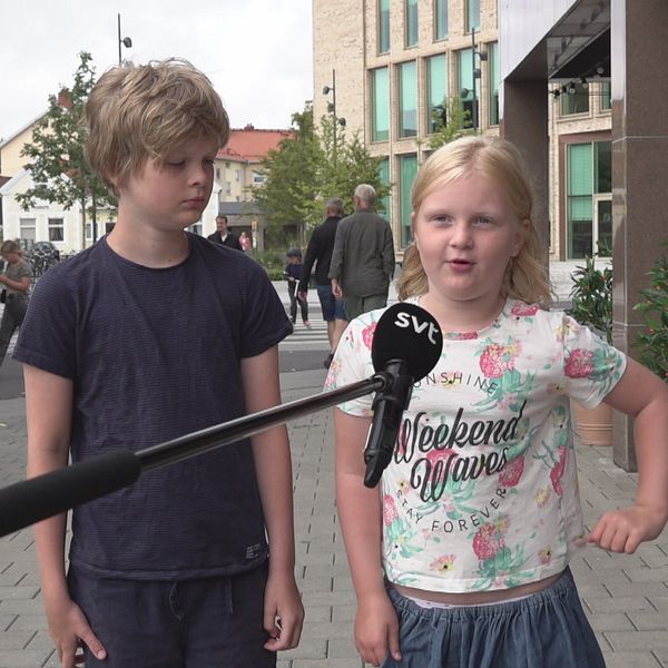 Sixten och Ingrid Widfeldt blir intervjuade. Ingrid Widfeldt visar med armen hur hon gör en armbågshälsning.