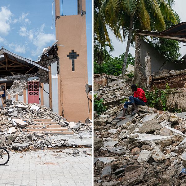 Jordbävningsdrabbade personer i ruinerna efter jordbävningen på Haiti.