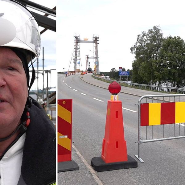 Deland bild. Till vänster man med vit hjälm och varselkläder. Till höger oranga koner och staket för vägbanan upp på Strömsundsbron.