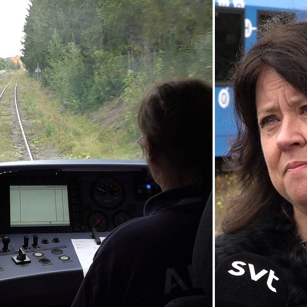 Delad bild. Till vänster bild inifrån förarhytten på ett tåg. Till höger kvinna med mörkt lockigt hår.