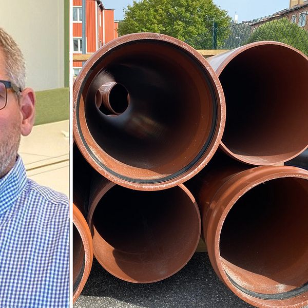 Porträtt på VA-chefen på Mittsverige Vatten och Avfall, Thomas Larsson samt vägtrummor och avloppsrör vid vägskadan.