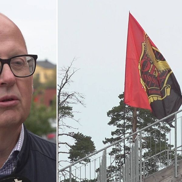 Delad bild. Till vänster skallig man med svartbågade fyrkantiga glasögon. Till höger, svar-röd-gul flagga med Östersunds fotbollsklubbs logga på.