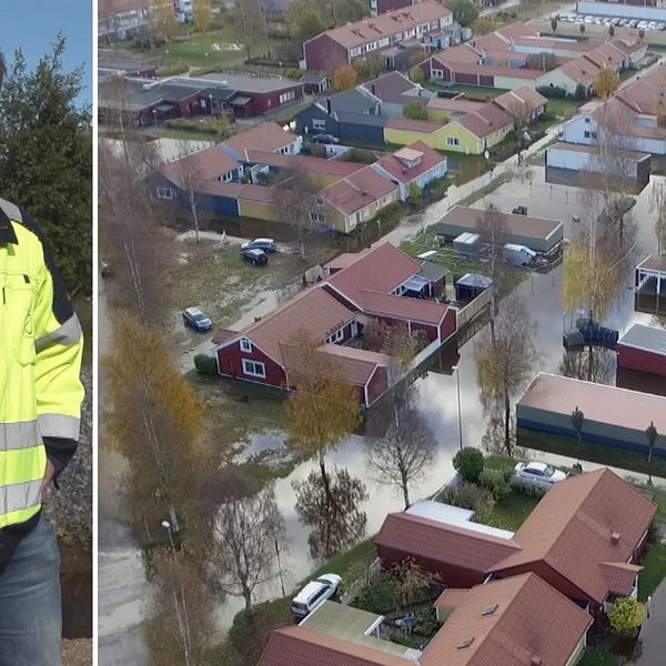 Delad bild. På den vänsta står en man i gul arbetsjacka står med armarna i sidan. På den högra en flygbild över ett bostadsområde med stora vattenmassor mellan husen.