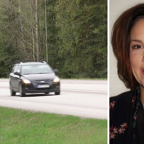 Till vänster syns en bil som kommer körandes på en väg med en hastighetsskylt som visar 100 km/h. Till höger är Helena Werre, hon har bruna ögon och axellångt brunt hår.