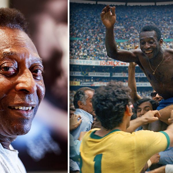Se bilder från Pelés liv och karriär i klippet • I bilden syns han i samband med en intervju 2019 samt efter VM-guldet 1970 i Mexiko