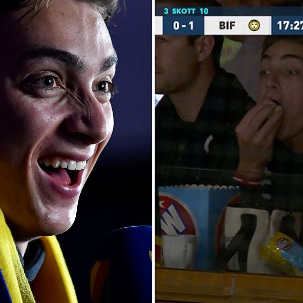 Armand Duplantis njöt av popcorn på SHL-matchen mellan Djurgården och Brynäs på Hovet.