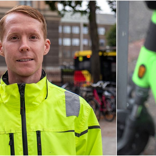 Johan Larsson, enhetschef på Gävle kommun och en bild på en inzoomad elsparkcykel