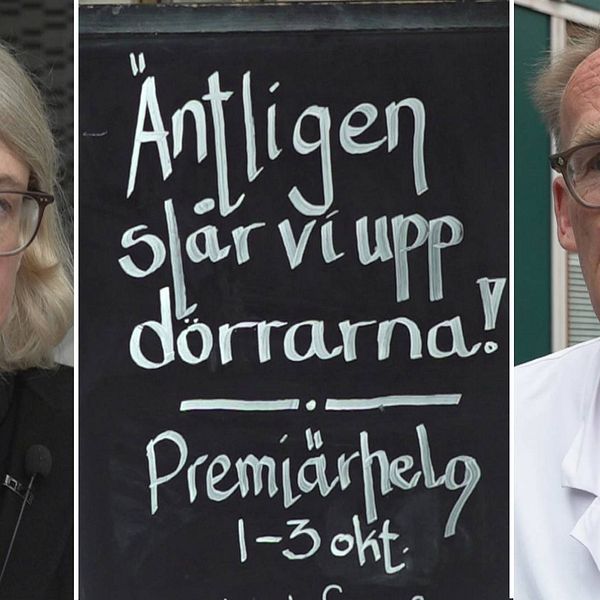 Tredelad bild med smittskydsläkare Maria Rotzén Östlund och Johan Styrud, ordf Stockholms läkarförening, samt en restaurangskylt.