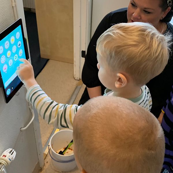 Tre förskolebarn och en vuxen tittar på en surfplatta som sitter på väggen.