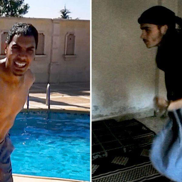 Bilder från två IS-terroristers mobiler. Den ena på när en av dem står vi en pool, den andra på en man i ett rum.
