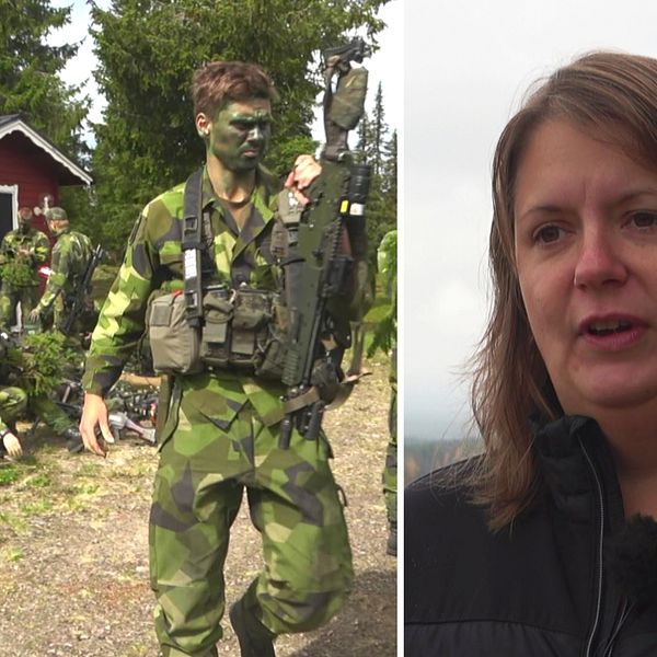 Till vänster: Soldater från K 4:s regemente som är ute på övning. Till höger i en annan bild syns Anne Enoksson, näringslivsstrateg på Arvidsjaurs kommun.