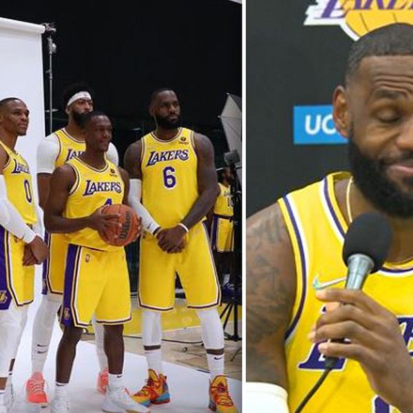 LeBron James och några av lagkamraterna i LA Lakers under mediadagen inför NBA-säsongen.