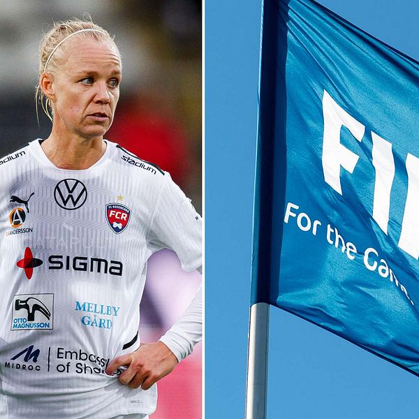 Therese Sjögran, sportchef i Rosengård/damallsvenskan och mittfältaren Caroline Seger. Även Fifas flagga.