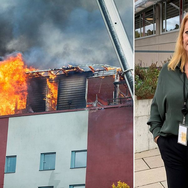 En bild från branden på Öster i Gävle och en bild på Cathrine Holgersson, vd på Gavlegårdarna