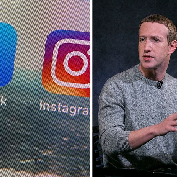 Mark Zuckerberg och en mobilskärm med Facebook och Instagram-apparna.