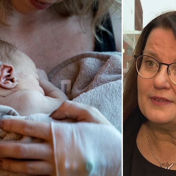 Delad bild. Den vänstra föreställer en nyfödd bebis insvept i en filt. Till höger en kvinna i glasögon och mörkt, långt hår.