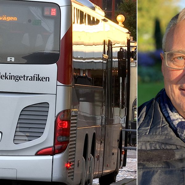 Bilden är delad i två. Den högra bilden är baksidan och en långsidan av en stadsbuss från Blekingetrafiken. Den högra bilden är en porträttbild på Peter Christensen (L), ordförande i trafiknämnden i Region Blekinge.