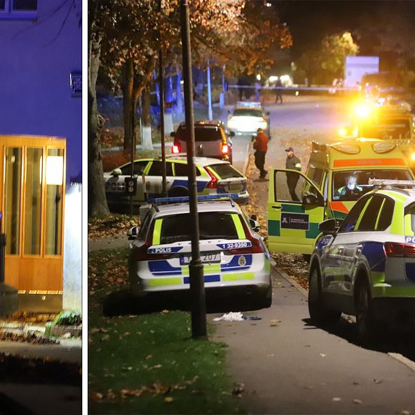 Polis och ambulans var på plats efter skottlossningen i Farsta i södra Stockholm.