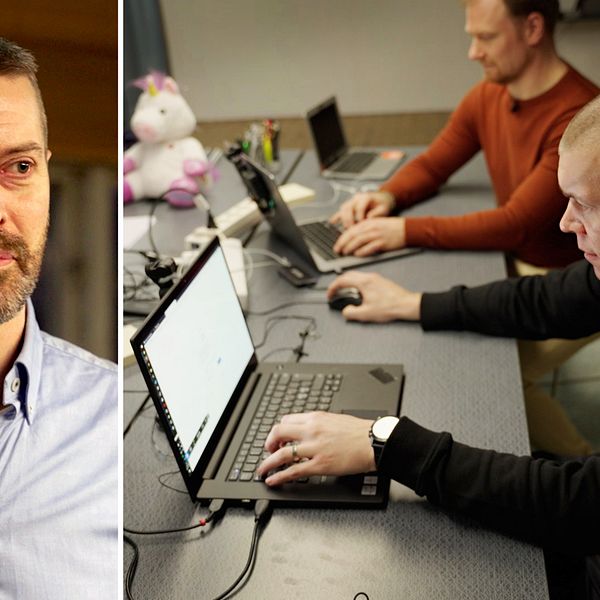 Bild på Andreás Lundberg som blev hackad samt en bild på två av hackarna framför sina datorer.