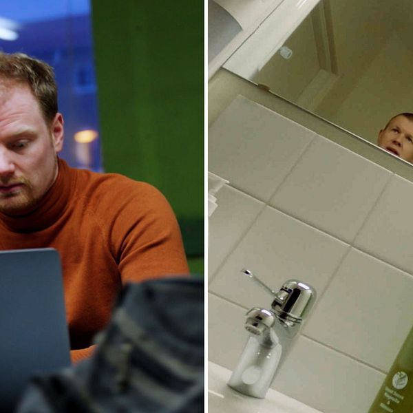 Hackare framför dator och en annan i dold kamera på en toalett