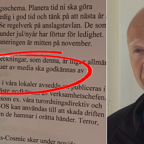 En bild på anteckningarna med en röd ring i mitten av texten. Det står ”Intervjuer av media ska godkännas av verksamhetschef”. En annan bild bredvid på Thomas Johansson.