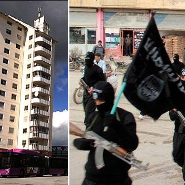 Höghuset i Vivalla / IS-soldater med flagga