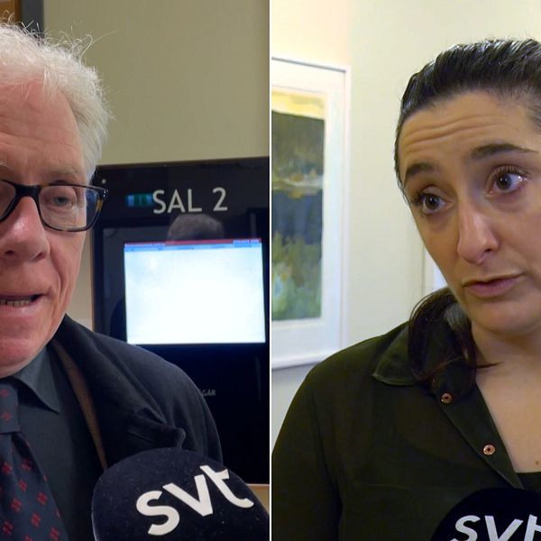 En man med glasögon intervjuas på tingsrätten, till höger en kvinna med uppsatt hår