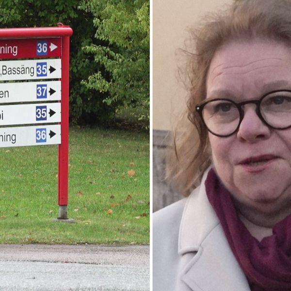 delad bild: orienteringskylt till olika delar av sjukhuset, på en gräsmatta, samt närbild på Denise Norström – en medelålders kvinna med glasögon
