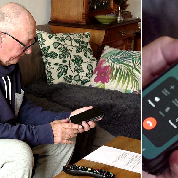 En äldre man i mörkblå huvtröja sitter med en telefon i handen, han ringer till vaccinationsbokningen