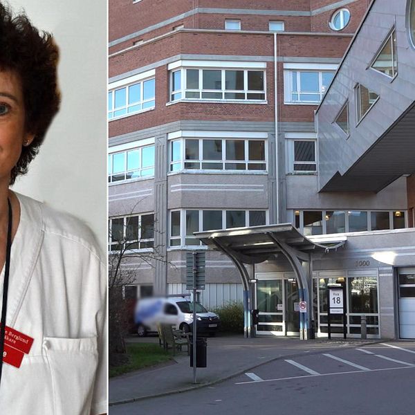 Bilden är delad i två. Den vänstra bilden är en bild på överläkaren och verksamhetschefen för kvinnokliniken i Kalmar, Ann-Marie Berglund. Hon har på sig läkarrock och tittar in i kameran. Hon har kortklippt, vågigt och mörkt hår. Den högra bilden visar ingången till förlossningkliniken på länssjukhuset i Kalmar.