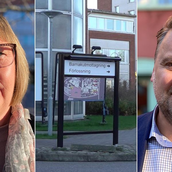 Bilden är delad i tre mindre bilder. Den vänstra bilden är en porträttbild på Helén Bengtsson, en kvinna i 55-årsåldern med pannlugg och page. Den högra bilden är en portr'ttbild på regionråd Mattias Adolfson (S). Han är medelålders och har kortklippt ljusbrunt hår och skäggstubb. Bilden i mitten är en skylt utanför sjukhuset i Kalmar. På skylten står det ”Barnakutmottagning” och ”Förlossning”.