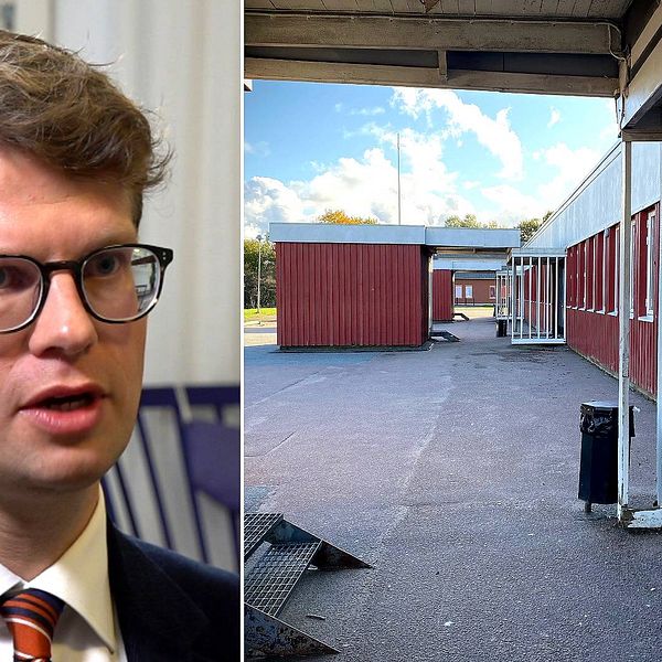 Politikern till vänster och en ingång till en skola till höger