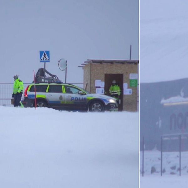 En polisbil syns inne på byggarbetsplatsen och en exteriör på en byggnad med texten ”Northvolt”.