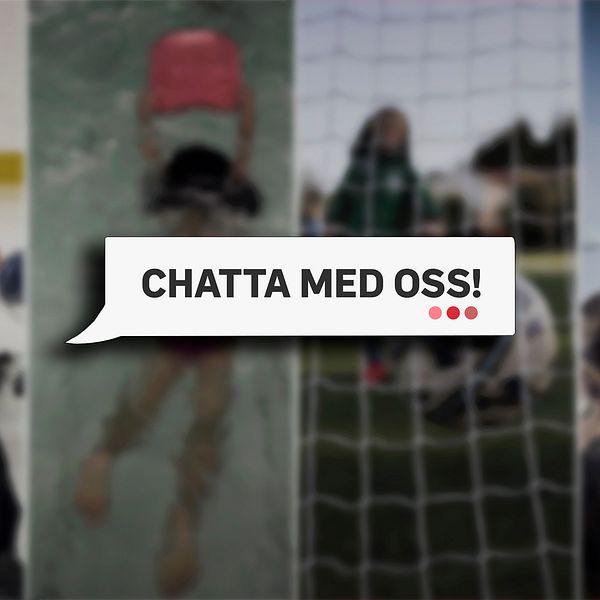 Bild som visar fyra sektioner där olika sporter visas: till vänster en isrink med spelare som åker skridskor, i andra sektionen en person under vattnet, i tredje en fotbollsplan med spelare och till höger en person som rider på en häst. Över bilderna finns en textbubbla med texten ”CHATTA MED OSS!”