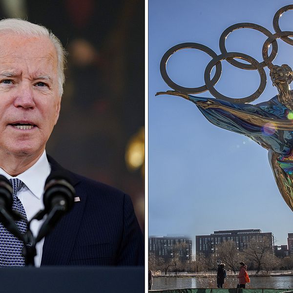 USA:s president Joe Biden och staty i Kina inför Olympiska vinterspelen i Peking 2022.