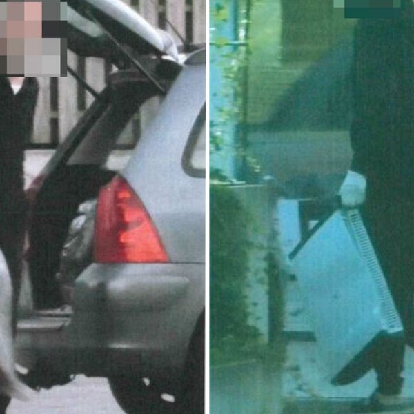Två bilder visar en maskad person som bär omkring på skräp.