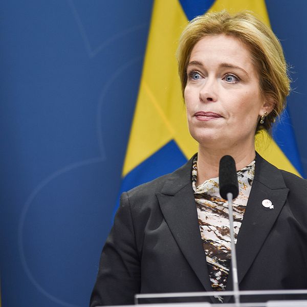 Klimat- och miljöminister Annika Strandhäll på pressträffen.