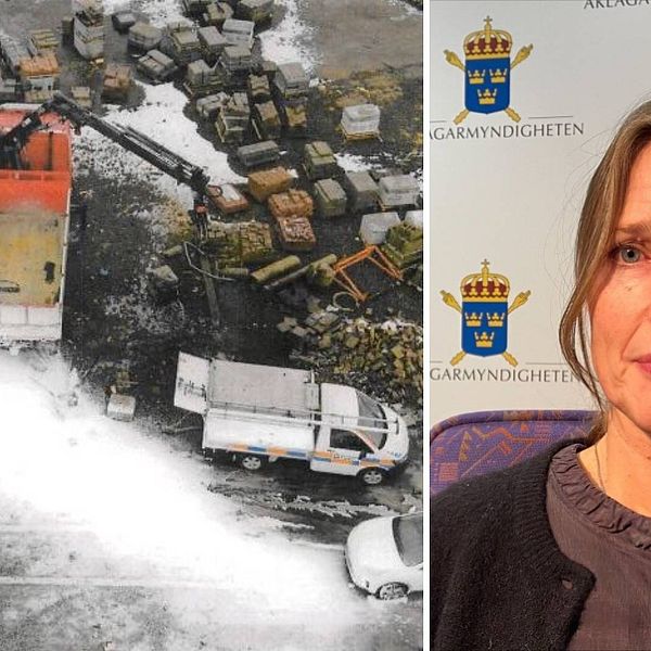 Delad bild. Till vänster en flygbild över olycksområdet i Lugnvik. Man ser bilar och att det är sprutat brandskum över olycksområdet. Till höger åklagare Märta Warg. Hon har långt cendréfärgat hår uppsatt i hästsvans.