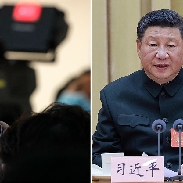 Reportrar på presskonferens och Xi Jinping.