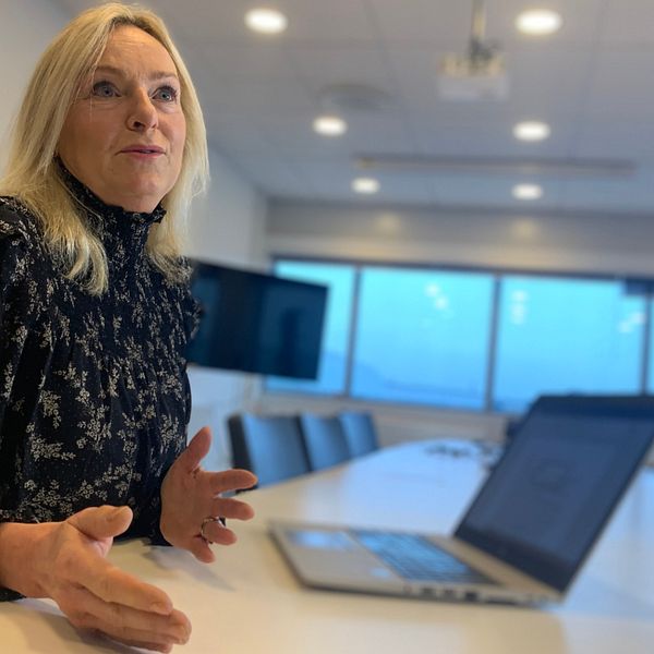 Person gestikulerar vid konferensbord med bärbar dator och stor skärm i bakgrunden.